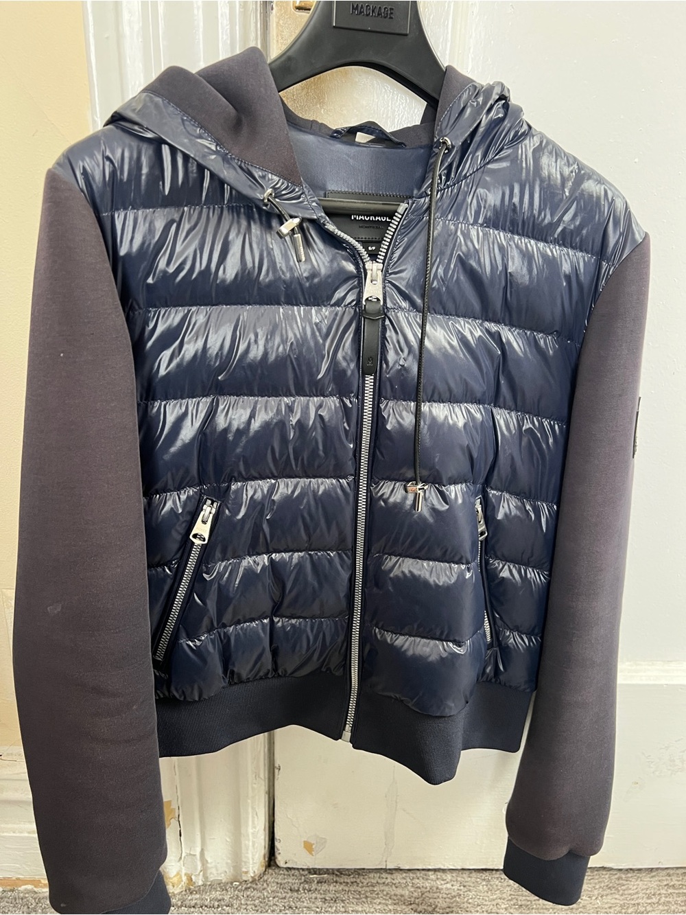 Mackage Navy Quilted Hooded Puffer Jacket with Knit Sleeves